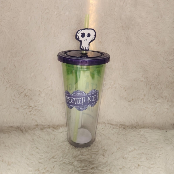 Beetlejuice Other - Beetlejuice "Strange & Unusual" 24oz Green Ombre Tumbler Skull Straw Topper NWT